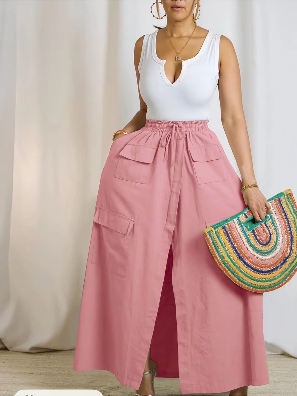 Women's Pink Elastic Waist Maxi Skirt